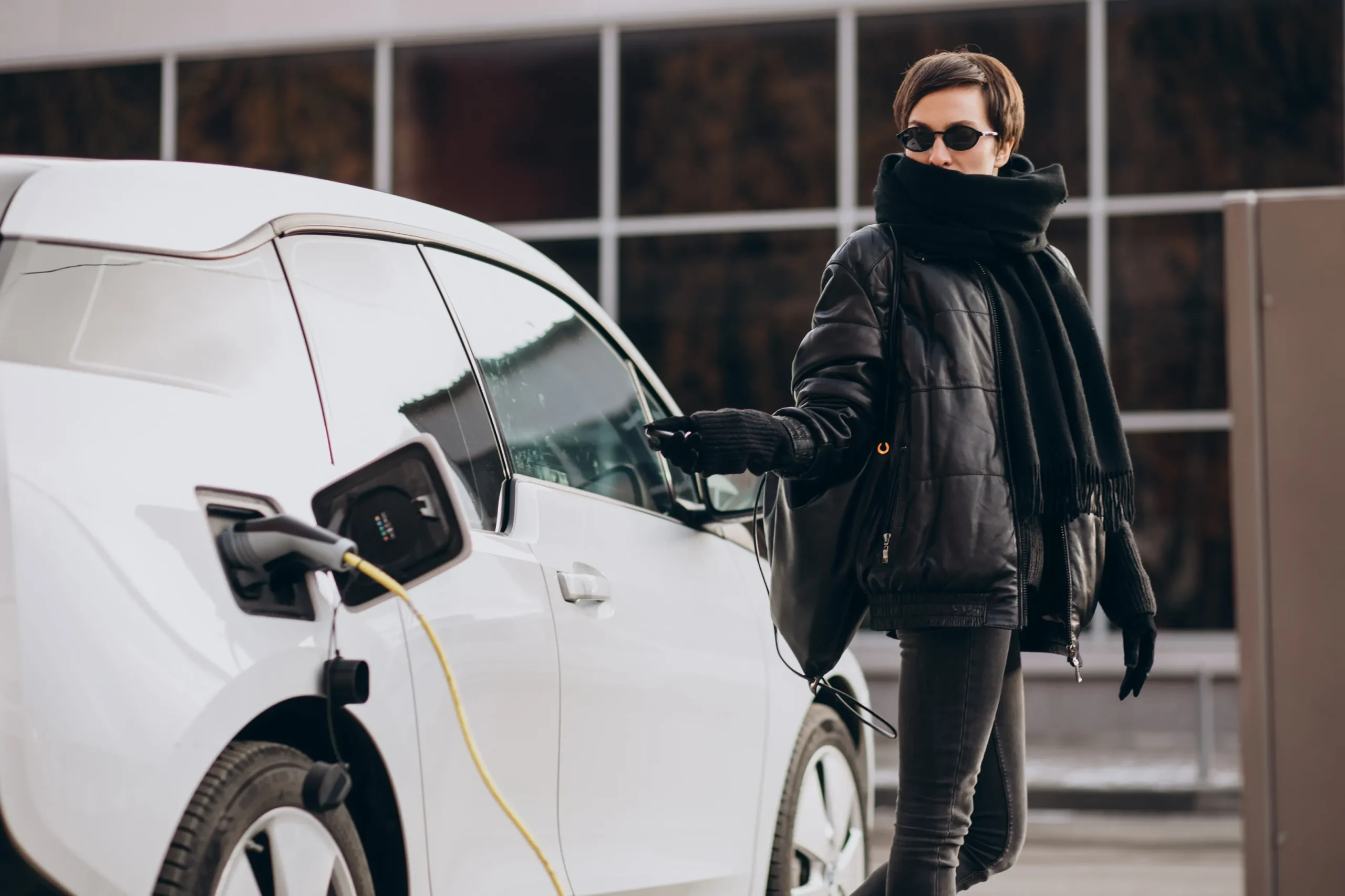 Femme chargeant voiture électrique déplacement pro remboursement frais