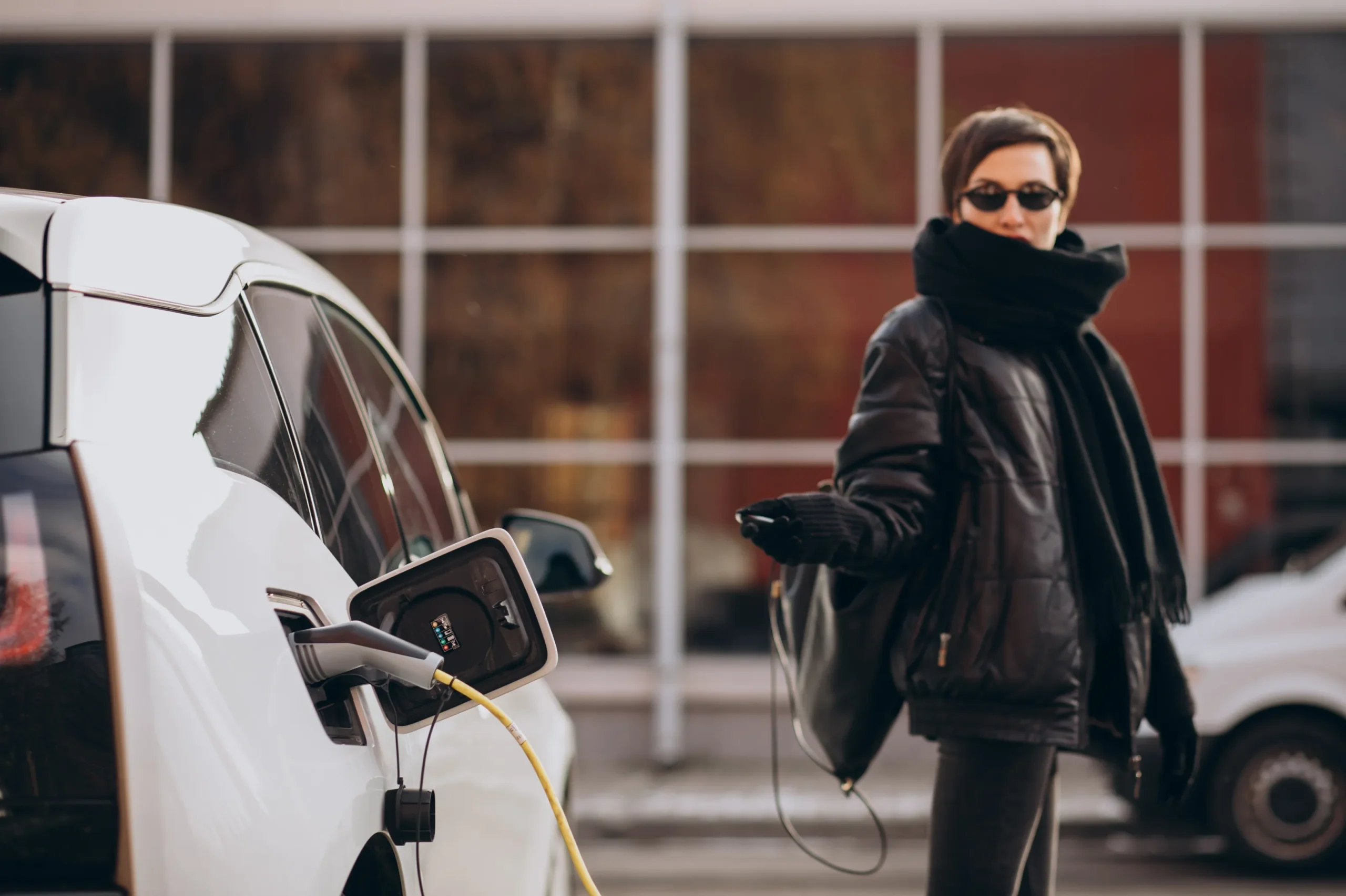Femme recharge véhicule électrique rue indemnité kilométrique déplacement professionnel